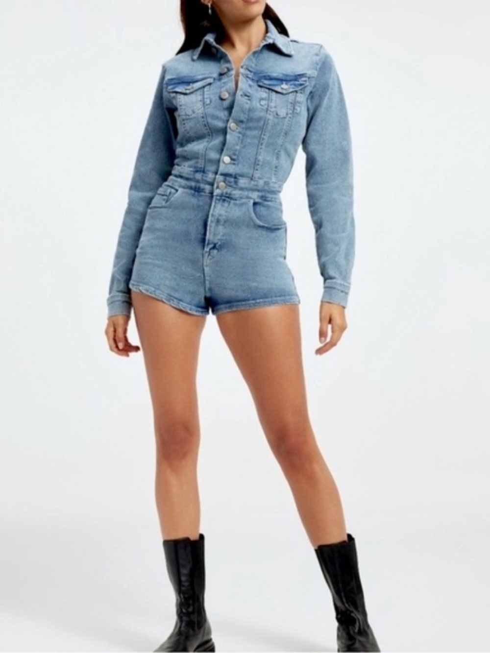 Good American Fit For Success Long Sleeve Stretch Denim Romper